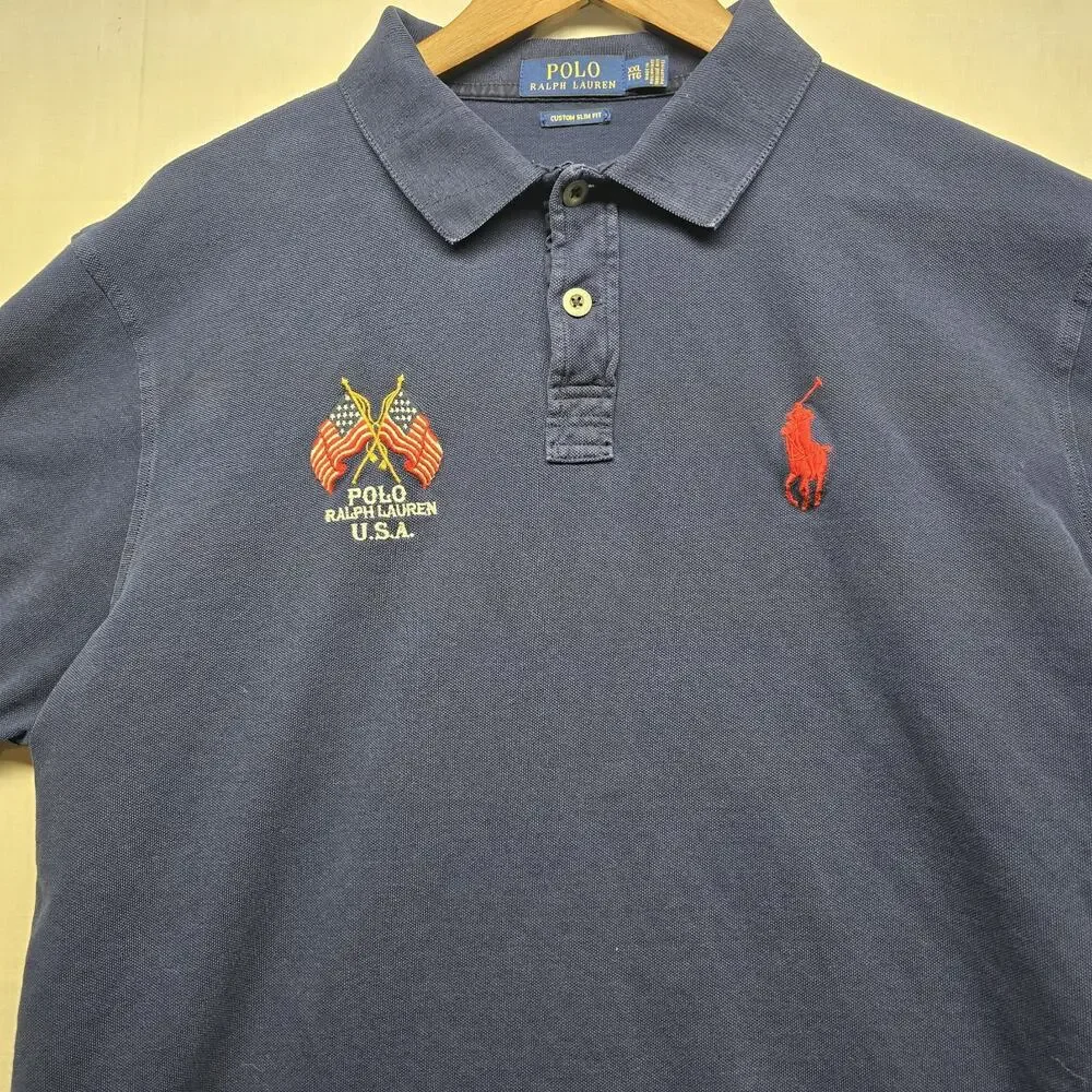Polo Ralph Lauren‎ Shirt Mens XXL 2XL Blue Slim Fit Eagle USA New York